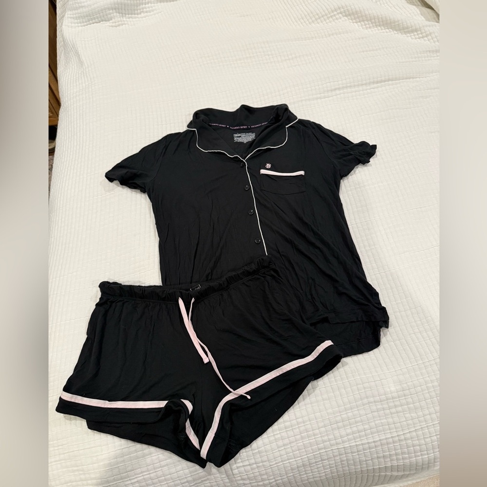 Victoria's Secret Black Short-Sleeve Pajama Set with Pink Trim